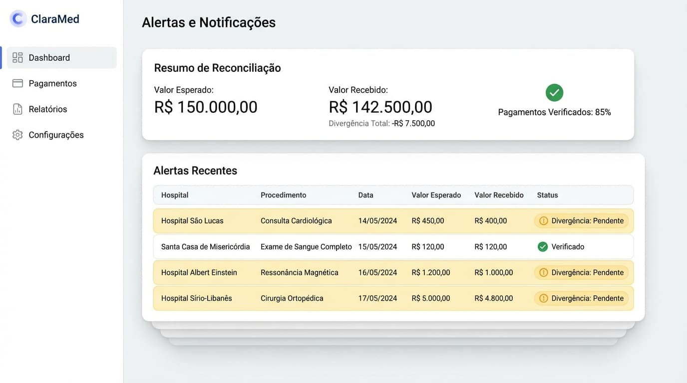 Painel de conciliação do ClaraMed mostrando alertas de divergência