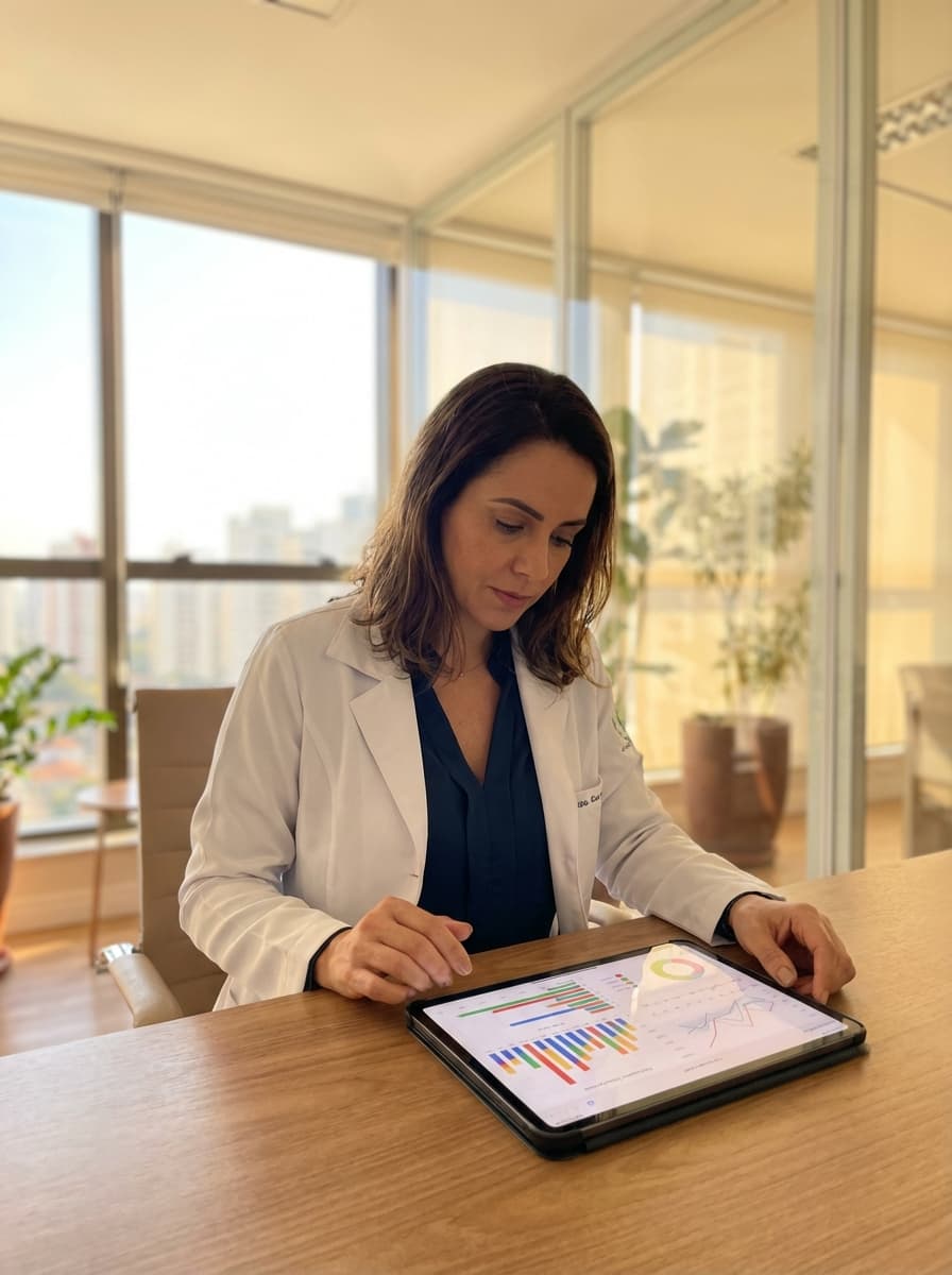 Médico consultando dados no tablet